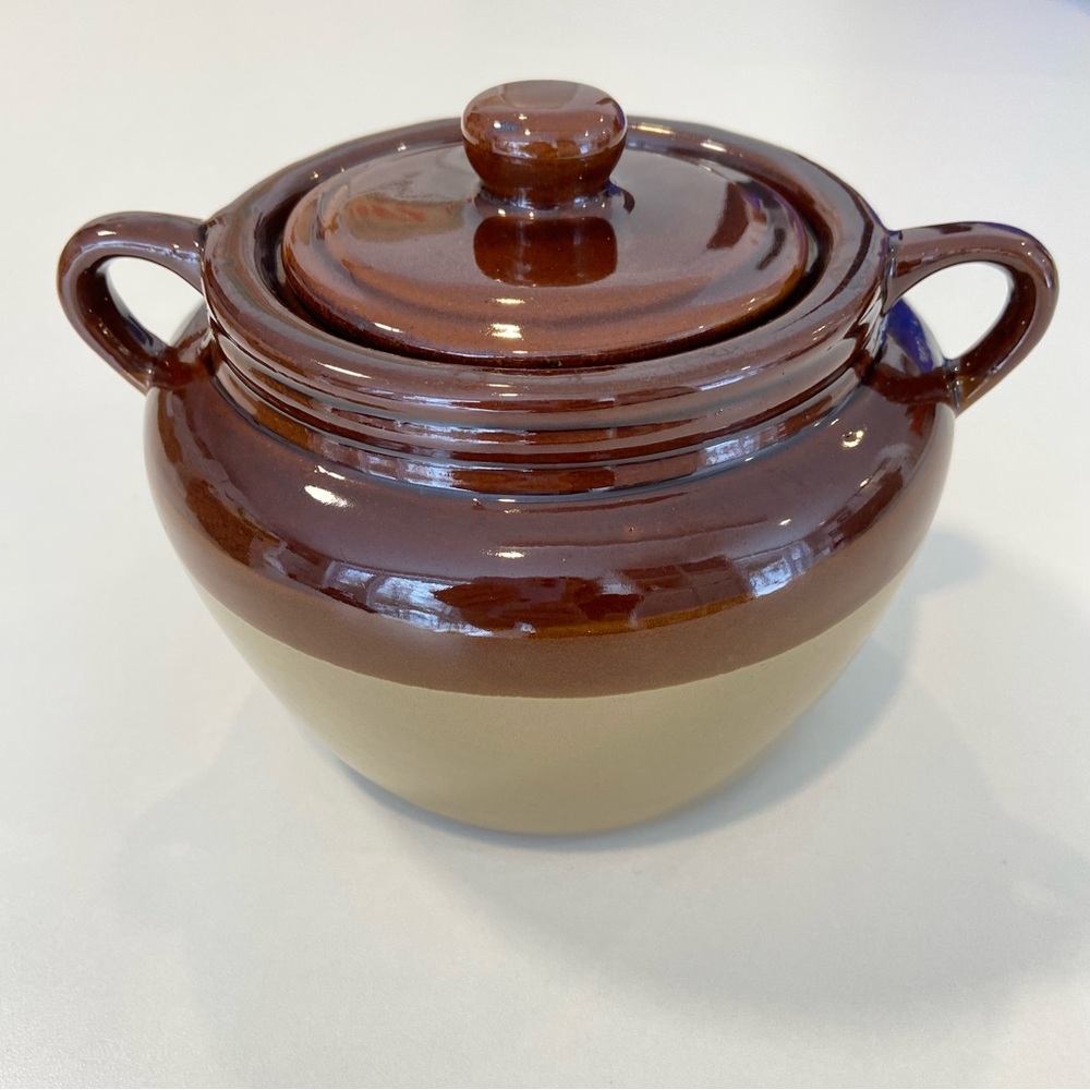 vintage Rustic ceramic jar brown tan bean pot with lid stoneware farmhouse décor